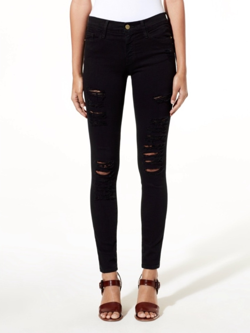 FRAME Le Skinny de Jeanne 29 Black Distressed Skinny Jeans Grunge Y2K Ripped